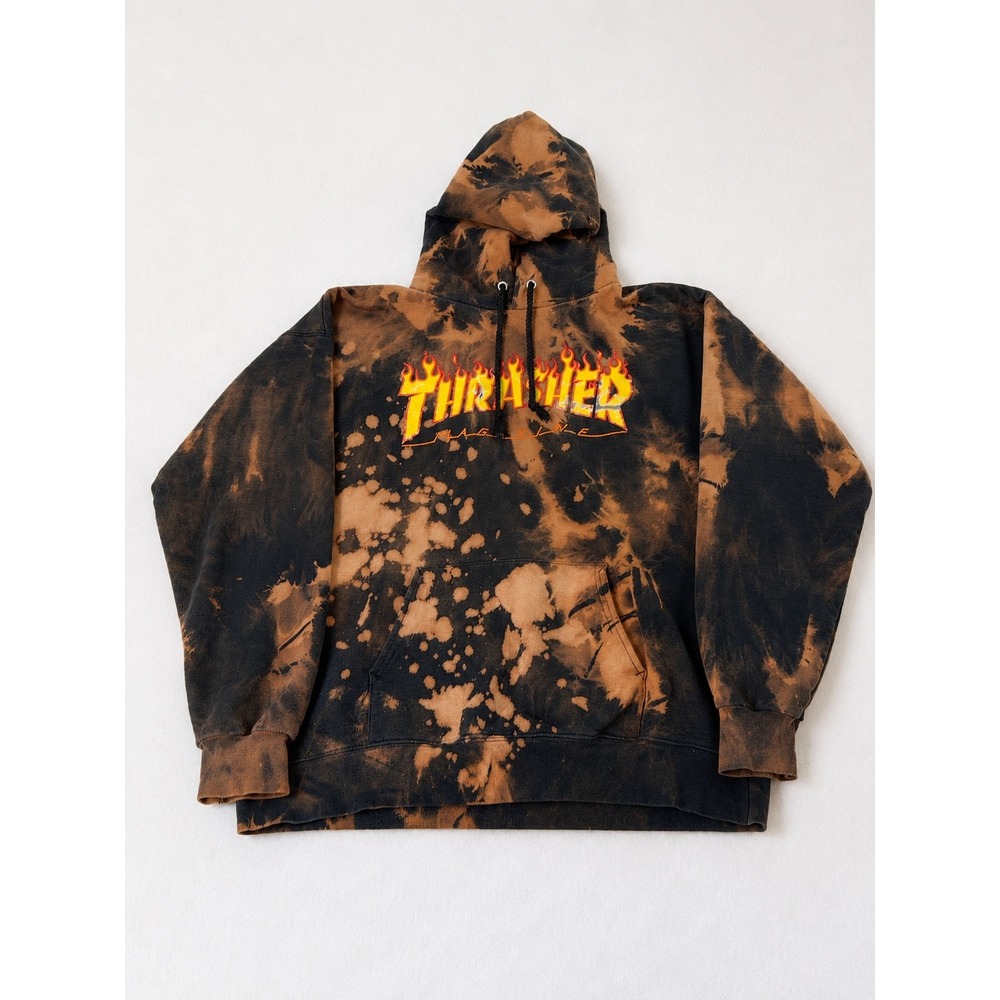 Thrasher Magazine Bleach Tie Dye Flame Logo Hoodie Black Brown Men's M